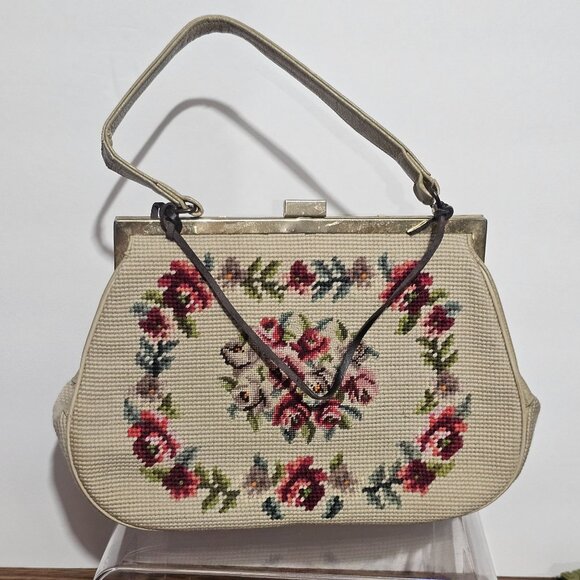 Vintage Floral Needlepoint Handbag Metal Frame Elegant Unique Granny 1960s - Picture 2 of 16